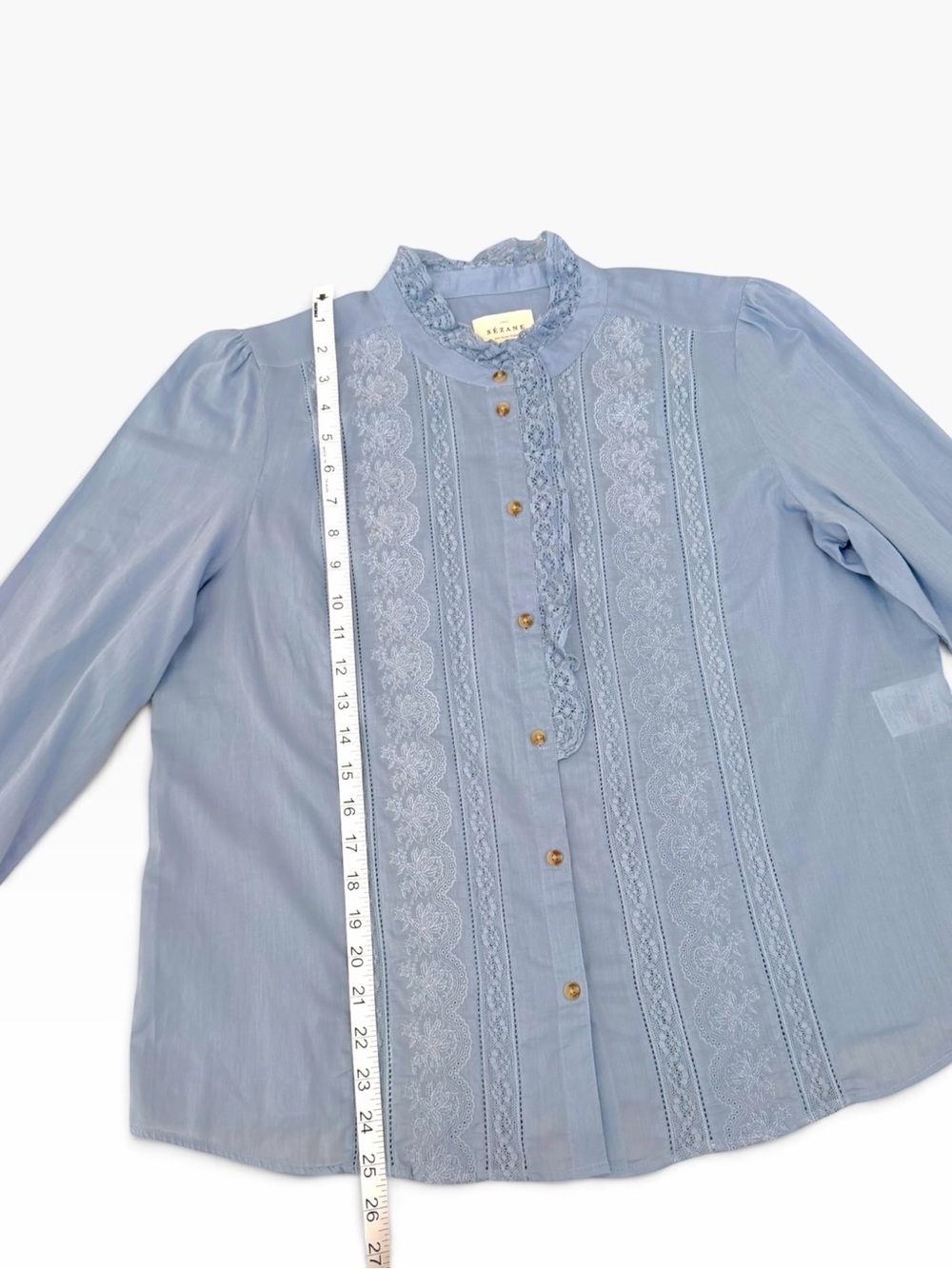 Sézane Chlo Shirt Vintage Blue Lace Ruffle Collar Size 42/10/ M US Cottagecoe - Picture 14 of 14
